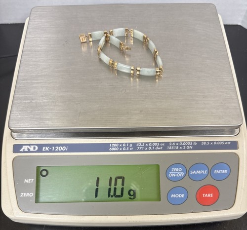 10k Yellow Gold/Jade Rectangle Tennis Bracelet Chinese Kanji Happiness 7.25" 11g - Picture 3 of 11