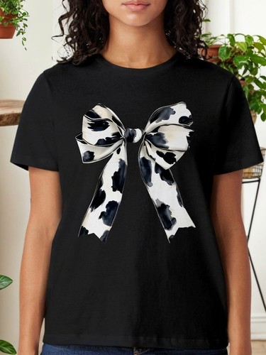 Chic Women's Tee with Black & White Bow Print-Casual Round Neck Short Sleeve Top - Picture 8 of 12