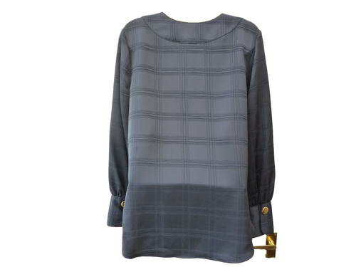M&S Ladies Size 12 Navy Blue Square Check Long Sleeve Plunge V Neck Blouse Top - Picture 7 of 10