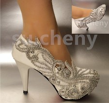 su.cheny 2  3" 4" Lace white light ivory rhinestones Wedding Bridal heels shoes