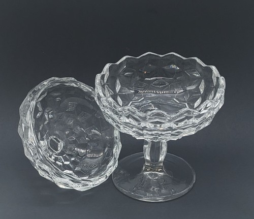 Vintage Fostoria Klarglas Bonboniere mit Deckelknopf Kompott Kubist Kubismus Muster - Bild 4 von 9