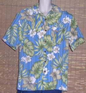Caribbean-Joe-Hawaiian-Shirt-Blue-Green-White-Tan-Flowers-Size-Large