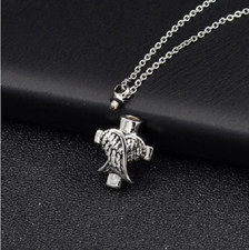 CREMATION URN ANGEL WING CROSS ASHES Pendant 20" Sterling silver 925 necklace
