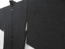 4026T07z650 Vintage Japanese Kimono Silk HAORI Flowers Black