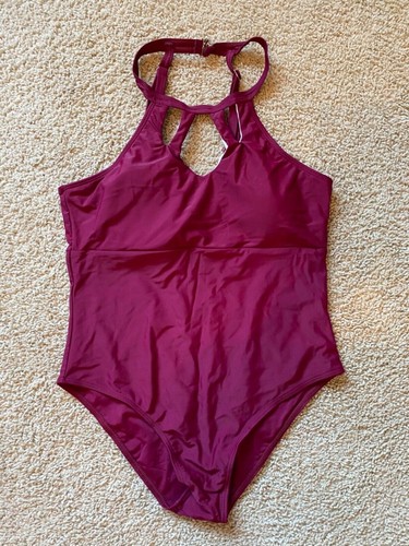 Womens Burgundy High Neck Cut Out One Piece Swimsuit - Large
