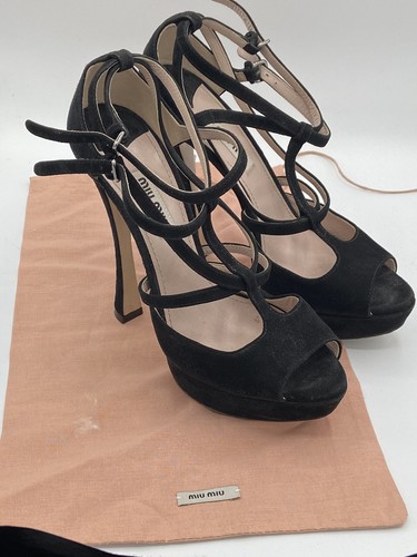 MIU MIU FABOULOUS SUEDE HIGH HEELS PLATFORM Black Suede Strappy Stilettos 7 - Picture 4 of 11
