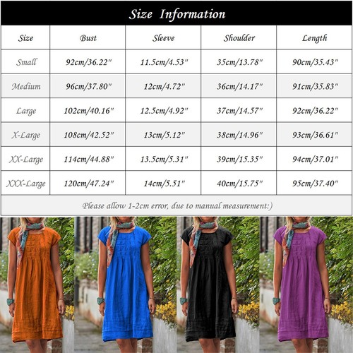 Women Linen Dress Pleated Summer Dresses Short Sleeve Sundress Beach Mini Dress - Picture 21 of 33
