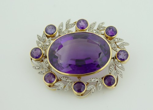 Edwardian Platinum Topped-14k Gold with 9 Amethyst and Rose-Cut Diamond Brooch - Picture 2 of 8