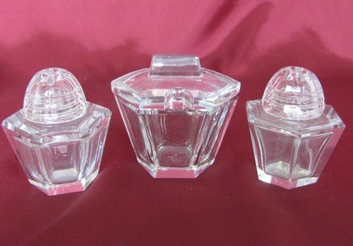 1930s ANTIQUE CRYSTAL GLASS 3PCS. CONDIMENTS CRUET SET SALT PEPPER & CAVIAR - Picture 12 of 12