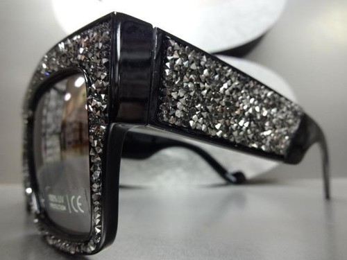 Oversized Retro Modern Style SUN GLASSES Large Big Black Frame Hematite Crystals - Picture 5 of 8