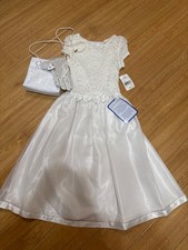 NWT Girls 6x Satin  Lace Flower Girl Dress, purse, gloves, hsir tie