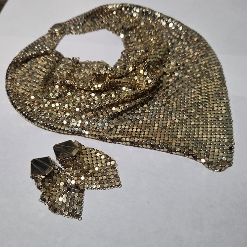 Rau Klikit Mesh Bib Disco Necklace Plus Clip-on Earrings Gold Tone Vintage TD1 - Picture 16 of 16