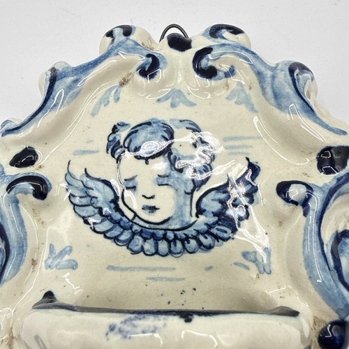 Blue and White Ceramic Wall Pocket Vase Cherub Rococo Italian - Picture 6 of 10