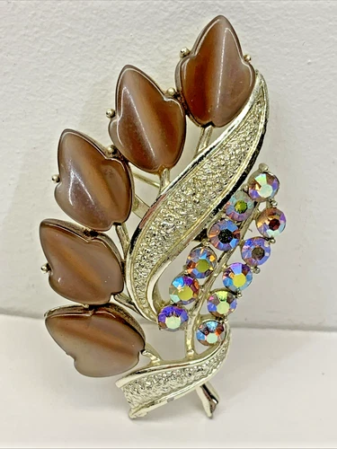 Vintage Silver Tone Leaf Pin with Rhinestones Brooch Retro Costume Jewelry
