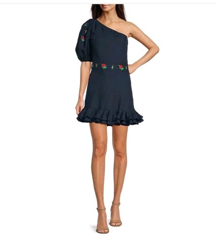 Sz L |🌹Fanm Mon Flame🌹Mini Linen One Sleeve Ruffle Hem Floral Embroidery Dress - Picture 2 of 7