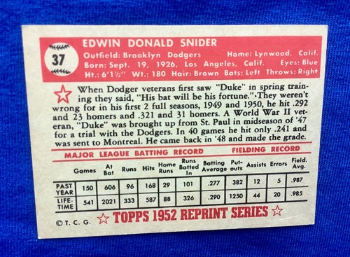 🔥☄️DUKE SNIDER Topps 1952 REPRINT SET Team HOF On Card SIGNED Brooklyn Dodgers - Bild 4 von 4