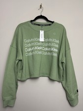 Calvin Klein Women  s Cropped Sweatshirt Large Green Spell Out Logo Crew Neck Top
