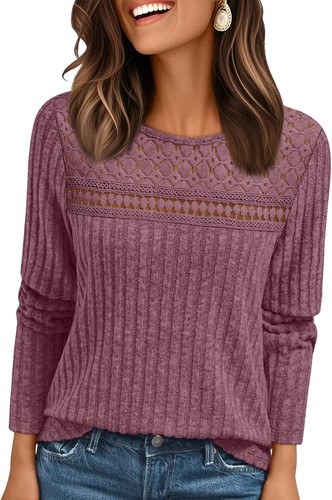 Womens Fall Long Sleeve Lace Top Lightweight Loose Fit Casual Tunic Shirt - Picture 16 of 17