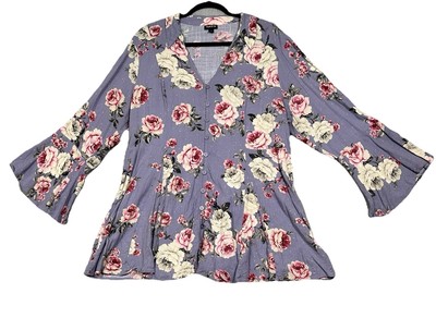 Torrid Womens Purple Floral Top 3/4 Bell Sleeve Whimsigoth Fairy Size 2X Flowy
