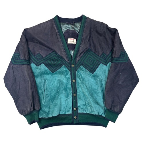 Vintage Aztec Suede Leather Bomber Jacket Navajo 90s Hippie Blue Mens Medium - Picture 1 of 10