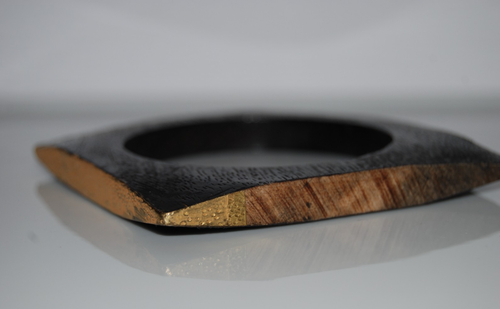 ELEGANT SQUARE LARGE RUNWAY BANGLE WOOD BRACELET WITH GOLD METAL PAINTED BORDER - Picture 2 of 8