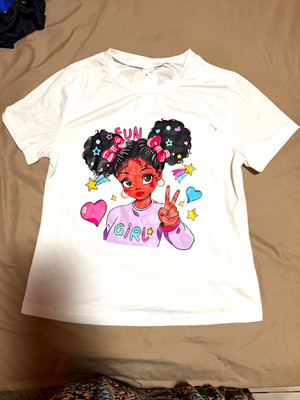 Girls White Cotton Knit Crew Neck Graphic Print Tagless T-Shirt Size M 26''