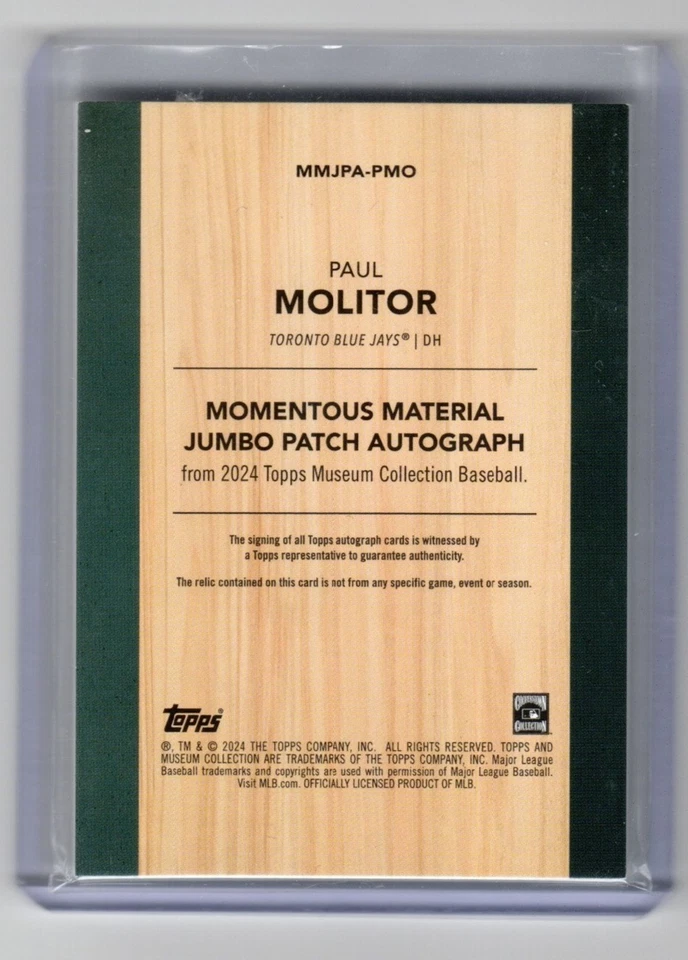 2024 Topps Museum Collection PAUL MOLITOR Momentous Material Patch AUTO /15 JAYS - Image 2 of 2