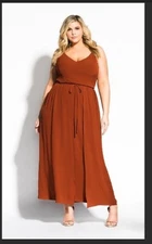City Chic Womens Divine Overlay Spice Brown Crepe Maxi Dress Plus 22 XL