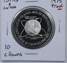1975 Turks & Caicos 10 Crowns Silver Proof Age of Exploration Elizabeth II