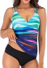 Ladies Swimming Costume Blue/Black Two Piece Tummy Control Tankini Set Large