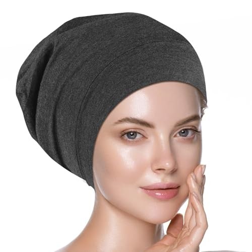 Silk Satin Sleep Cap, Adjustable Satin Lined Bonnet, Double Layer Dark Gray - Picture 2 of 8