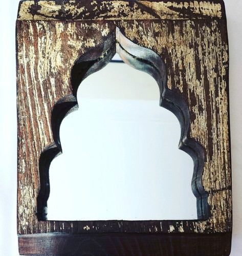 Vintage Indian Arched Polychrome Wood Wall Mirror - Architectural Salvage - M2