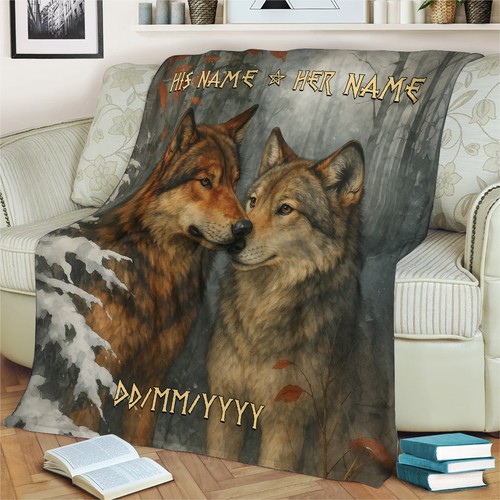 Manta Personalizada Romántica Pareja Lobo Aniversario Boda Otoño Amantes Lobo - Imagen 2 de 5