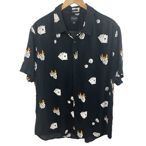 Guess Mens Flaming Dice Shirt XL Button Up Black Vegas Cards Slim Fit Casino