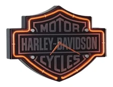 Harley-Davidson Etched Bar & Shield Shaped Neon Clock, Orange Neon HDL-16651