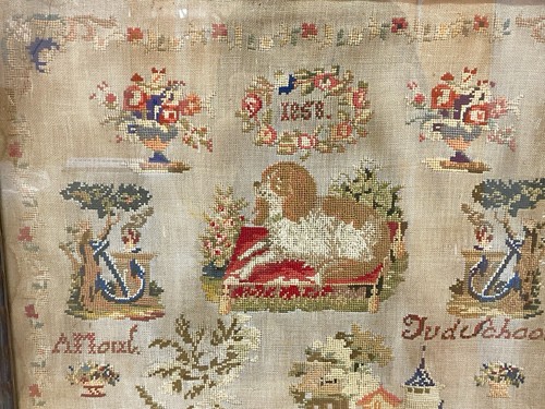 Antique French Needlework Sampler Dog,Vases,Flowers,House,Anchors,People C1858 - Picture 2 of 11