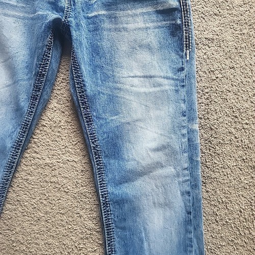Pantalones de mezclilla Affliction Ace para hombre 33 azules bordados bigotes descoloridos desgastados - Imagen 7 de 24