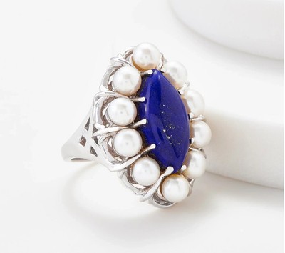 QVC, Marquise Lapis & Cultured Pearl Gemstone Ring, Size 9 Sterling Silver