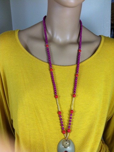 Gold Tone Necklace Choker Link Chain String Acrylic Beads w/ Drops Pendant #276 - Picture 4 of 8