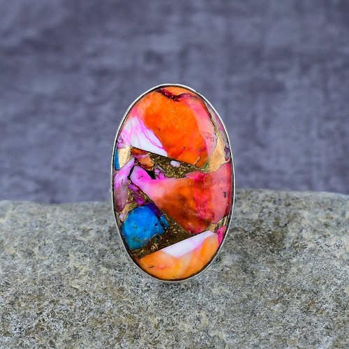 Pink Dahlia Turquoise Spiny Oyster Gemstone Handmade 925 Solid Silver Ring - Picture 3 of 3