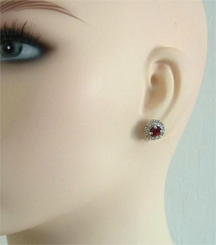 Elegant Silver Rhodium Simulated Ruby and Diamond Cute Chic Halo Stud Earrings - Picture 3 of 5