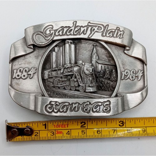 Garden Plain Belt Buckle Kansas Centennial 1984 Train Oil 100 Years Distressed - Picture 2 of 13