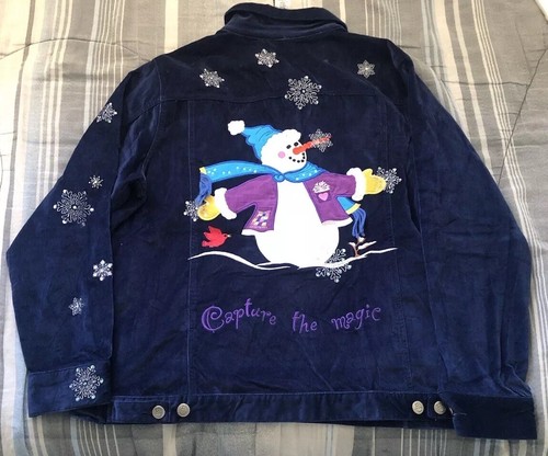 Quacker Factory Jacket Womens Large Soft Button Up Snowman Snowflake Emboirdered - Picture 12 of 14