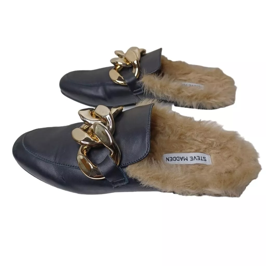 vagabond korruption obligatorisk Steve Madden Womens Klaire Leather Fur Slide Slippers Horsebit Gold Black  Size 9 | eBay