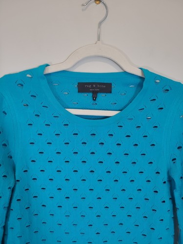 RAG & BONE Diamond Eyelet Scoop Neck Pullover Sweater Blue Bird XS - Picture 3 of 9