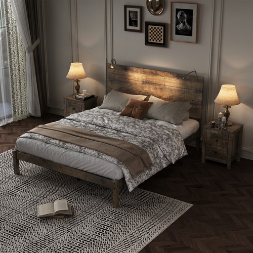 3-Pieces Bedroom Sets Queen Size Platform Bed with Two Nightstand Bedside Lights - Picture 35 of 46