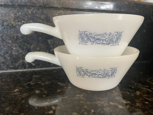 Vintage Currier and Ives Handled Soup Bowl/pot Glass Replacement Set Of 2