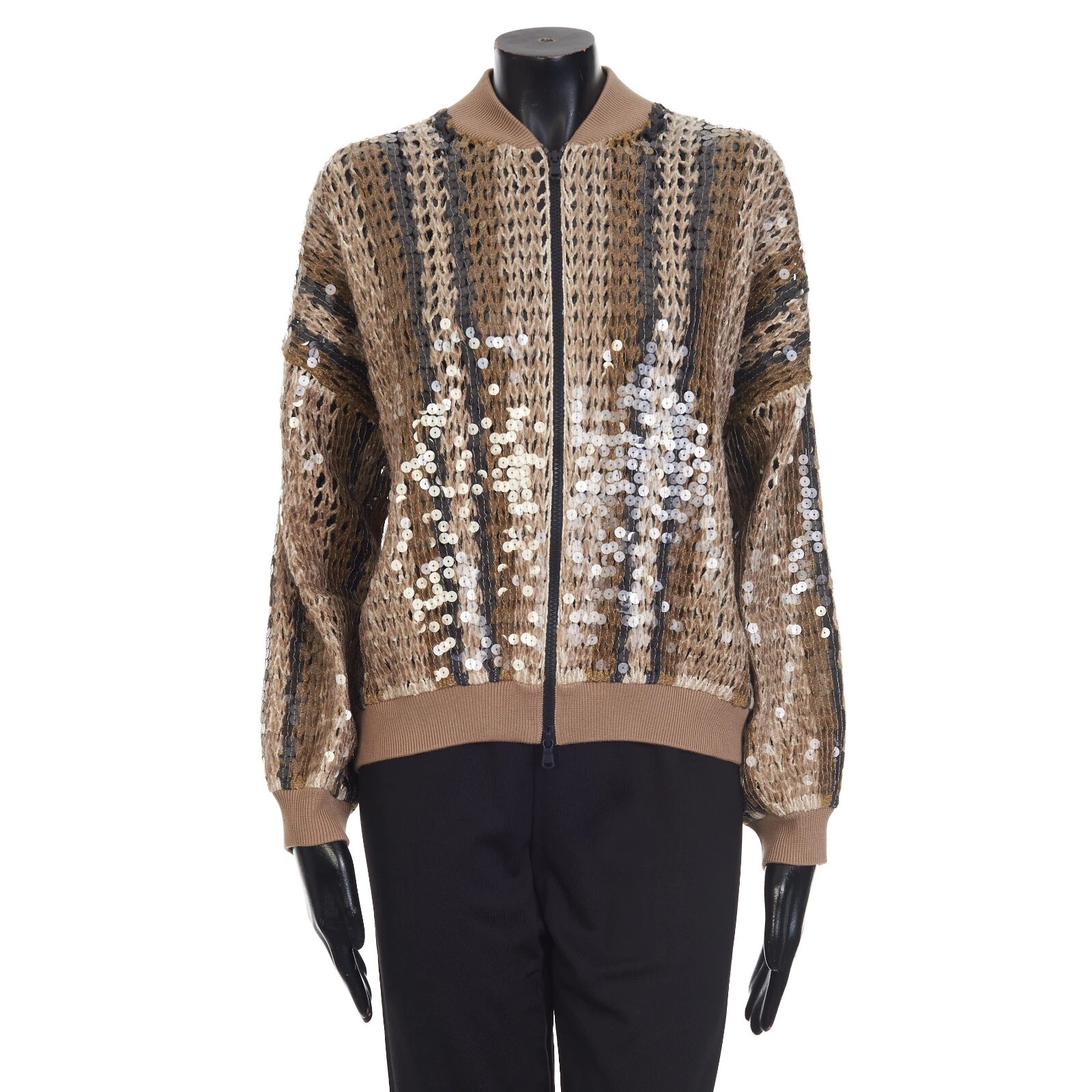 Brunello Cucinelli — BRUNELLO CUCINELLI 5400$ Stripe Sequin Embroidery Bomber Jacket - Jute & Cotton