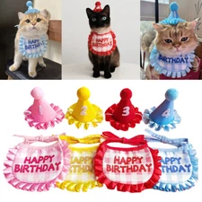 Cute Pet Cat Puppy Happy Birthday Party Crown Hat Bib Collar Cap Headwear Set