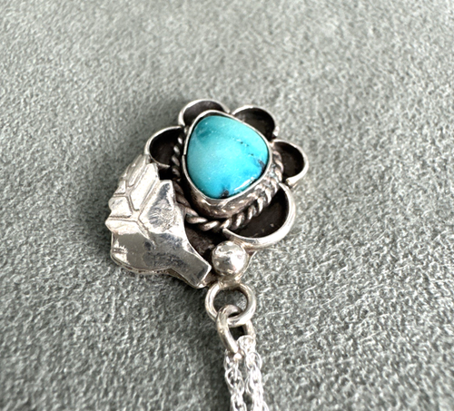 Old Pawn Turquoise Shadowbox Pendant Leaf Sterling Rope Edge 18" Necklace Navajo - Picture 8 of 11